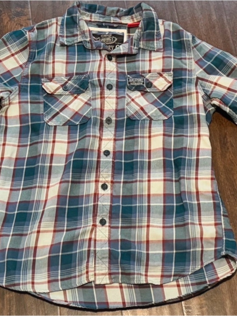 Superdry Button-Down Heavyweight Flannel Shirt in Blue, White & Red. Y2K